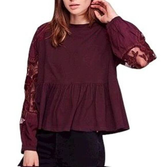 Free People Maroon Metallic Peplum Blouse Women's Top Size Small | 31-34-3 - Picture 6 of 6